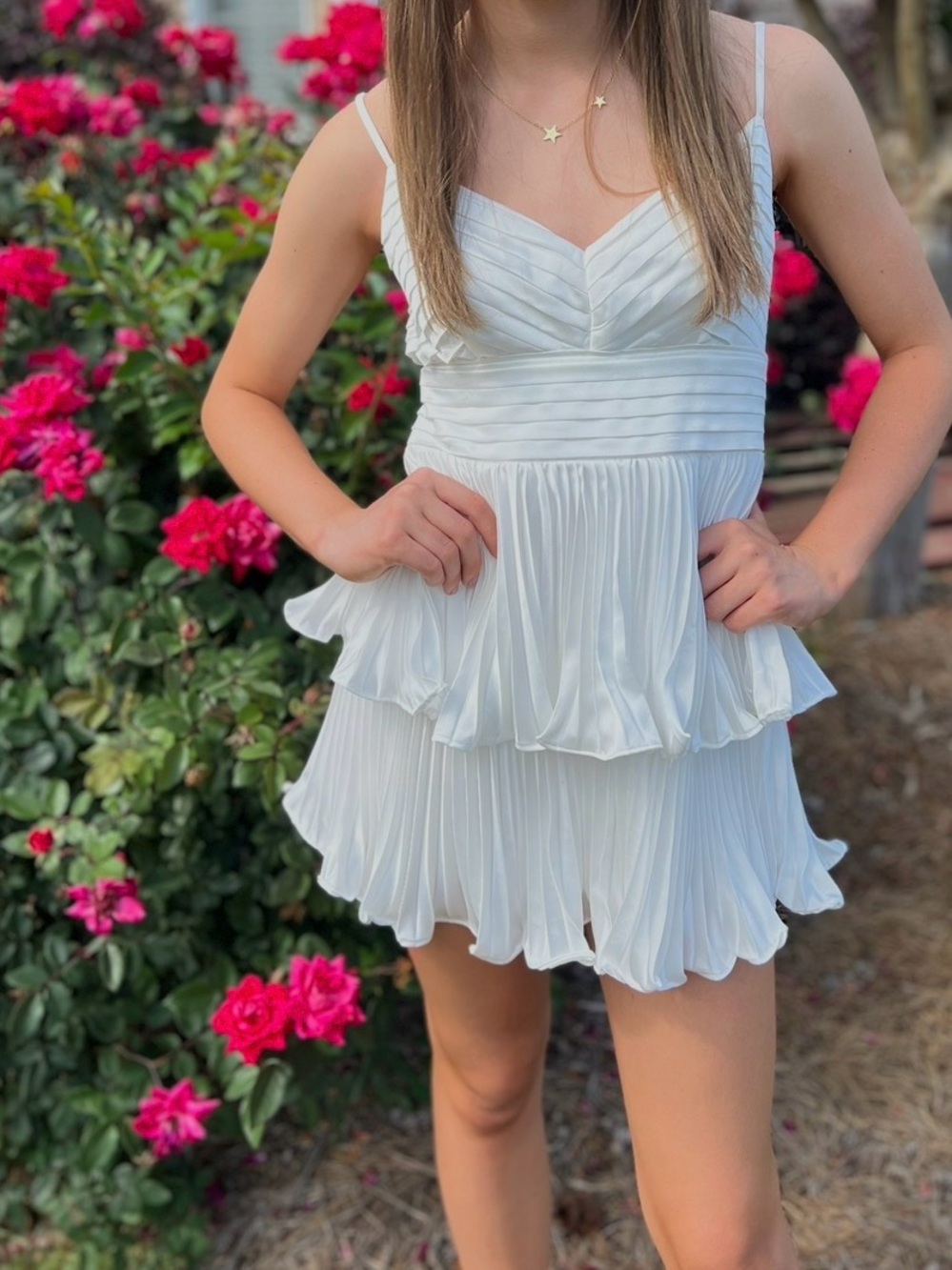White Pleated Tiered Mini Dress with Spaghetti Straps